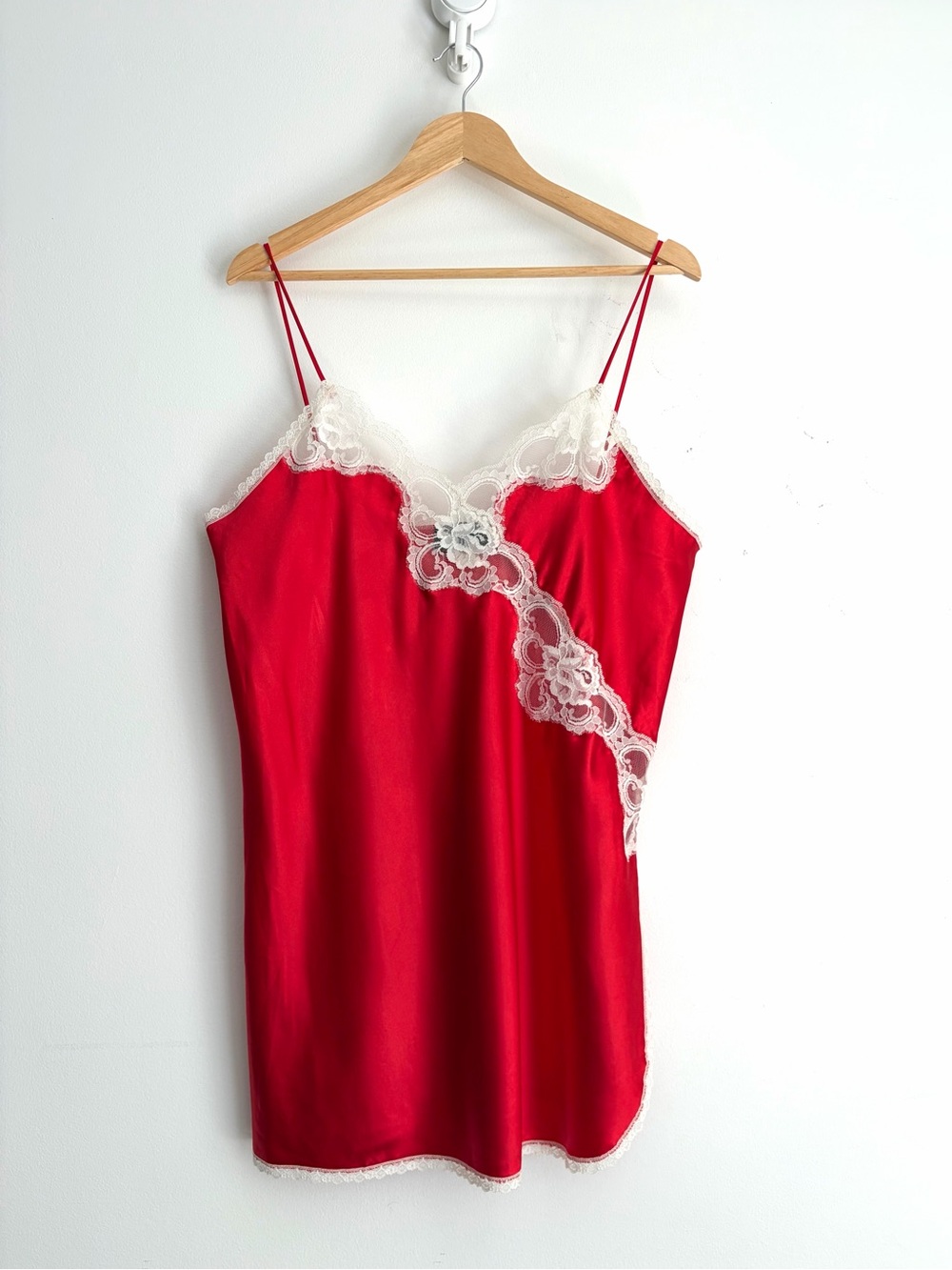 Vintage 80s UndercoverWear Red Satin Lace Slip Dress Coquette L